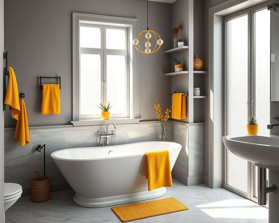 bathroom decor yellow and gray