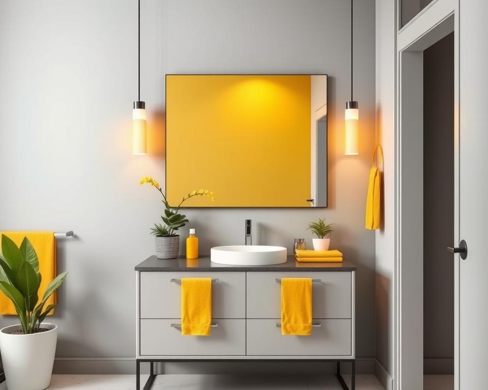 bathroom decor yellow and gray