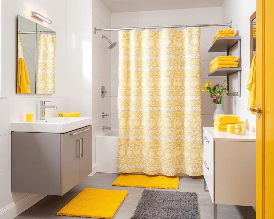 bathroom decor yellow and gray