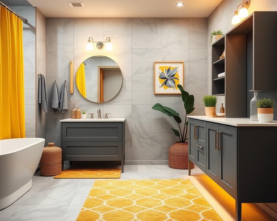 bathroom decor yellow and gray