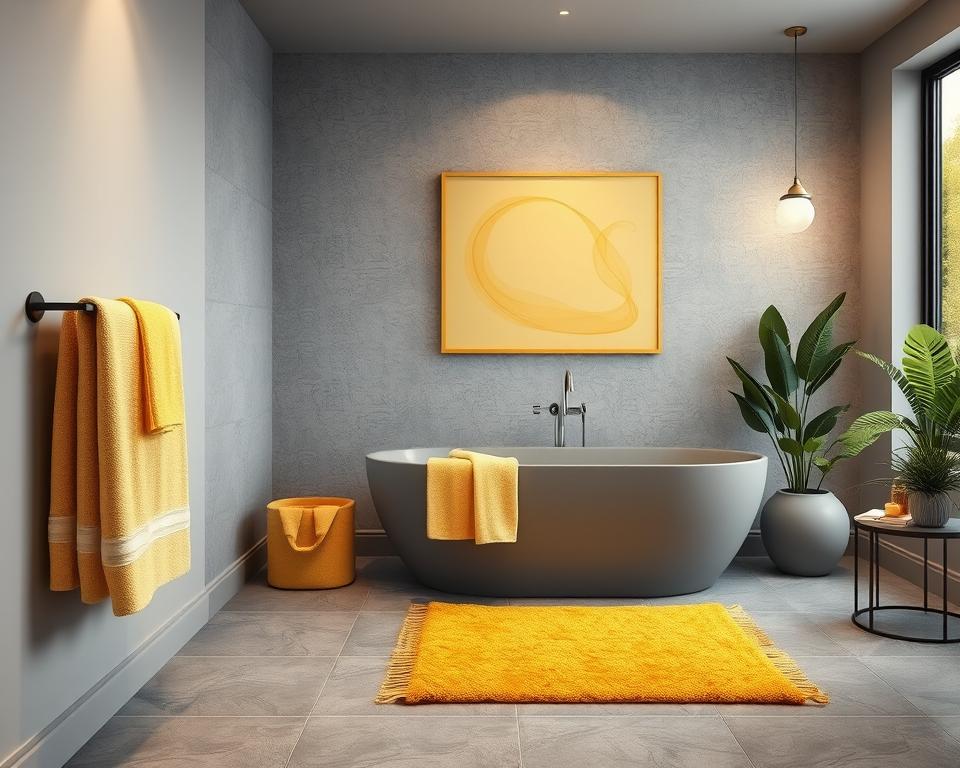 bathroom decor yellow and gray