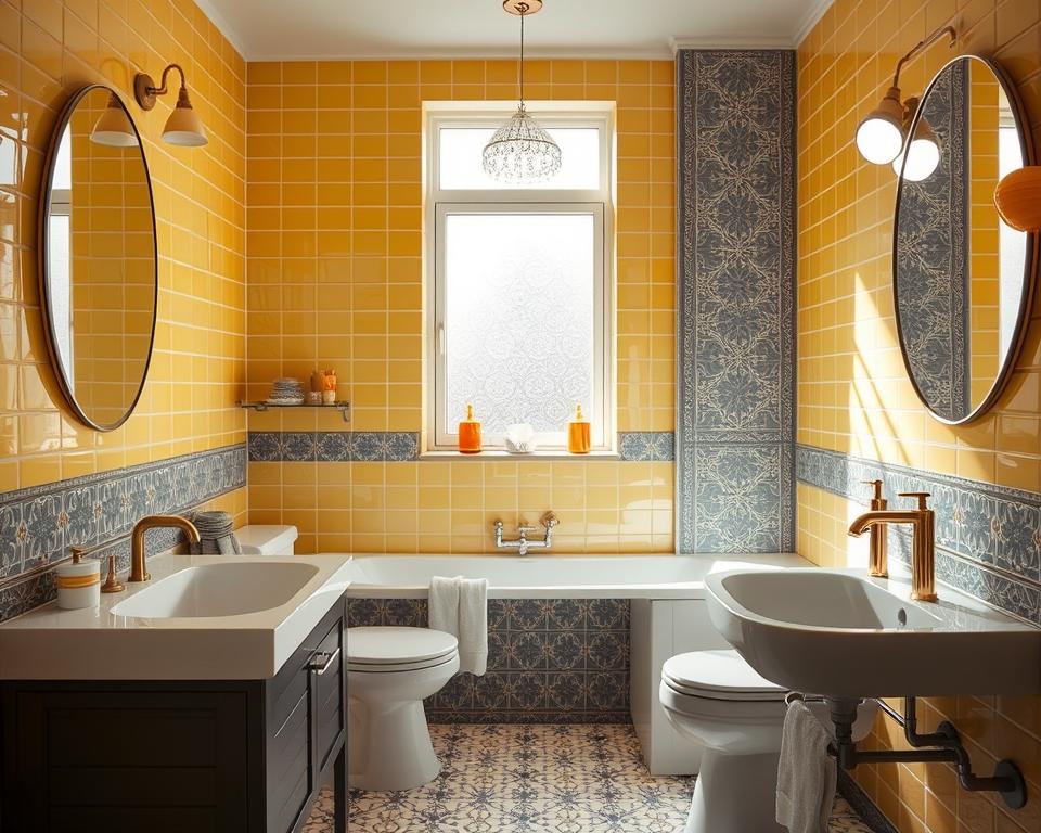 bathroom decor yellow and gray tiles