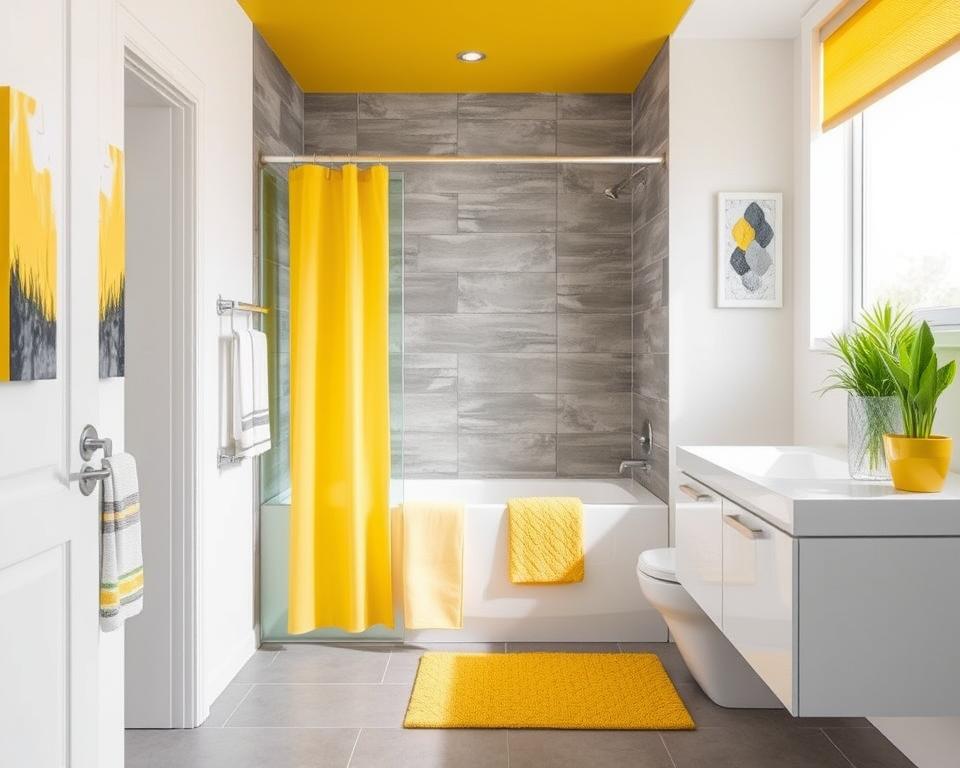 bathroom decor yellow and gray