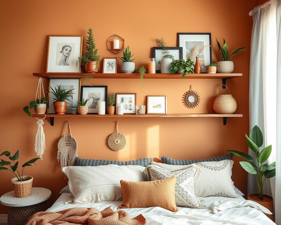 boho floating shelf decor bedroom