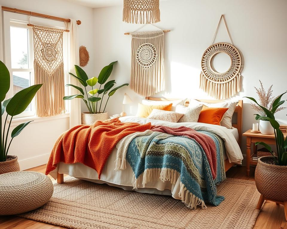 layered textiles in beach boho bedroom