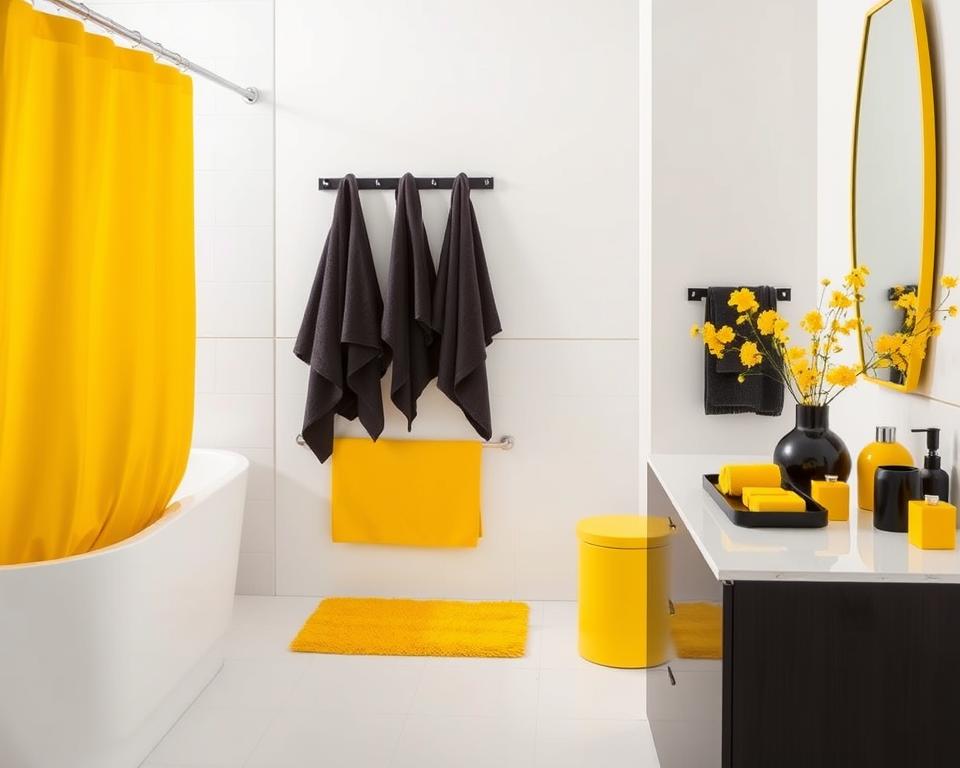 yellow and black bathroom accessories