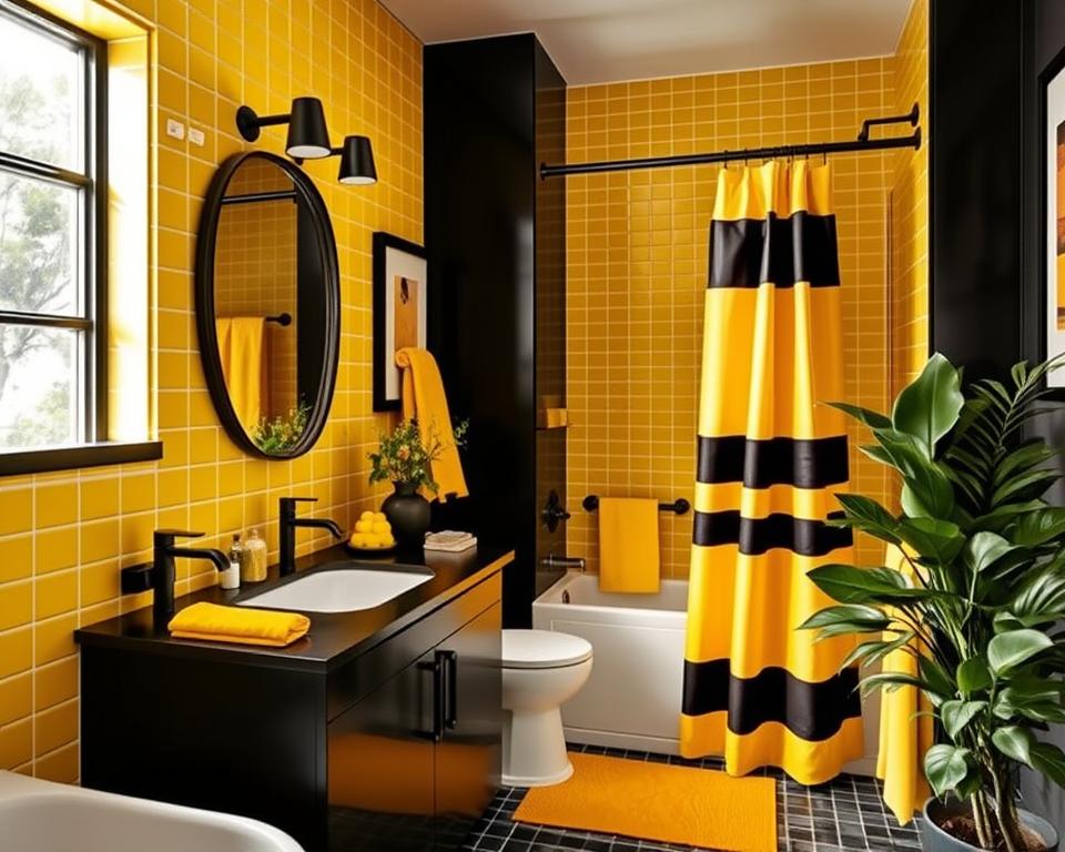 yellow and black bathroom decor