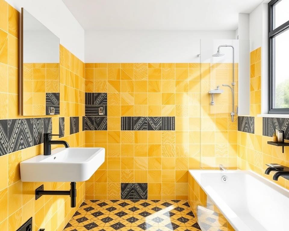 yellow and black bathroom tiles