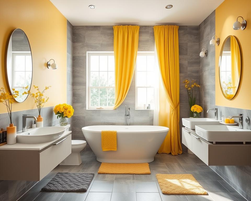 yellow and gray bathroom decor